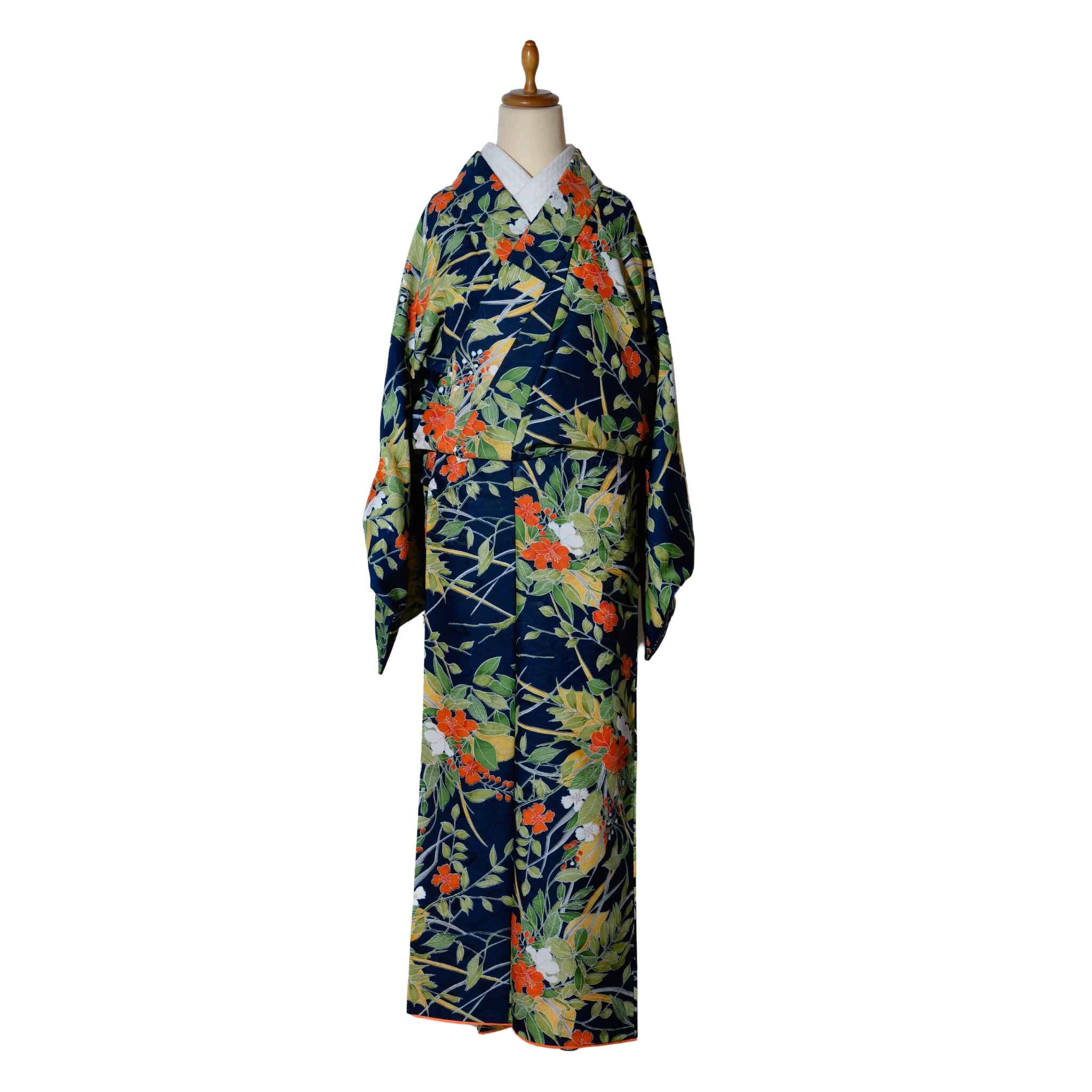 used 小紋 袷 紺地 花柄 KI23000001 着物 一六八堂 irohado