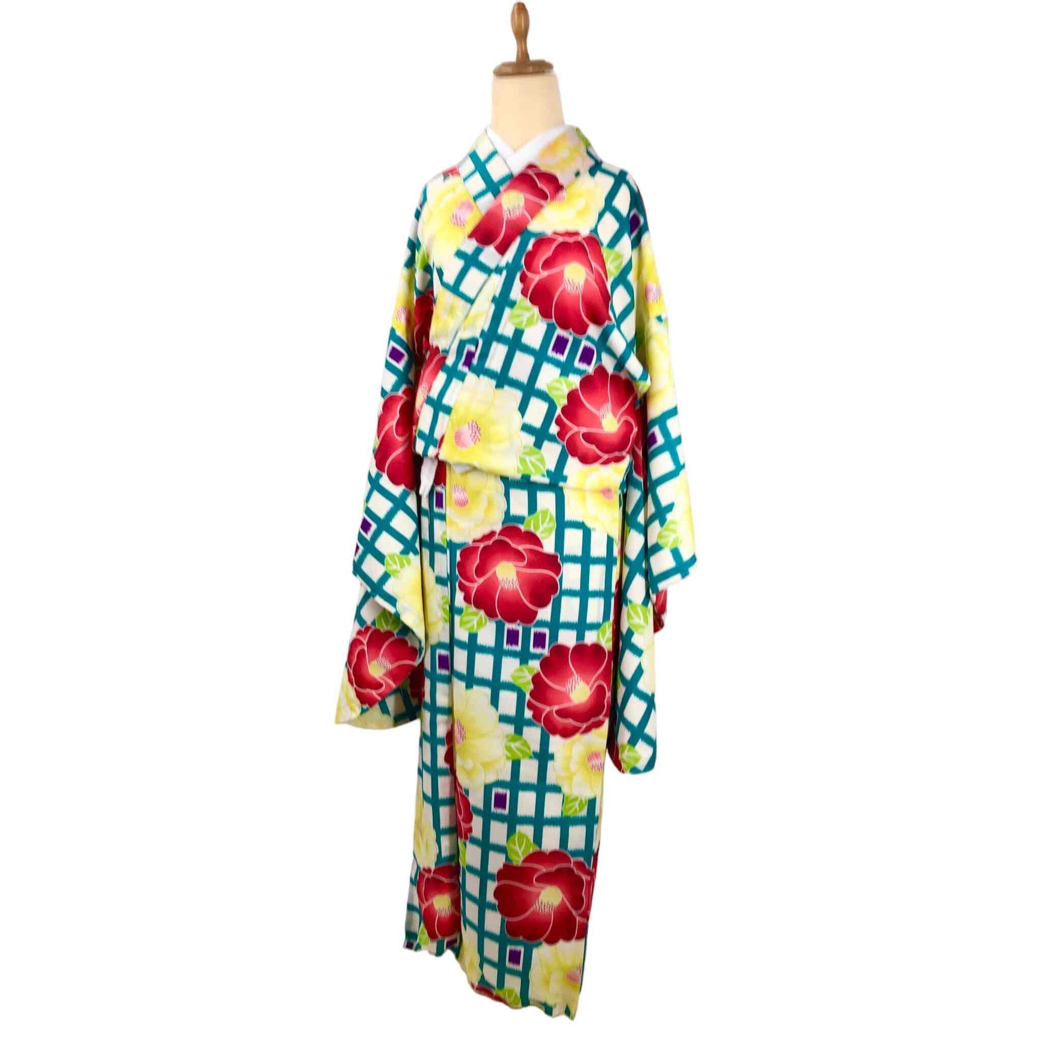 未使用品 洗える2尺袖 格子に椿 一六八堂 irohado