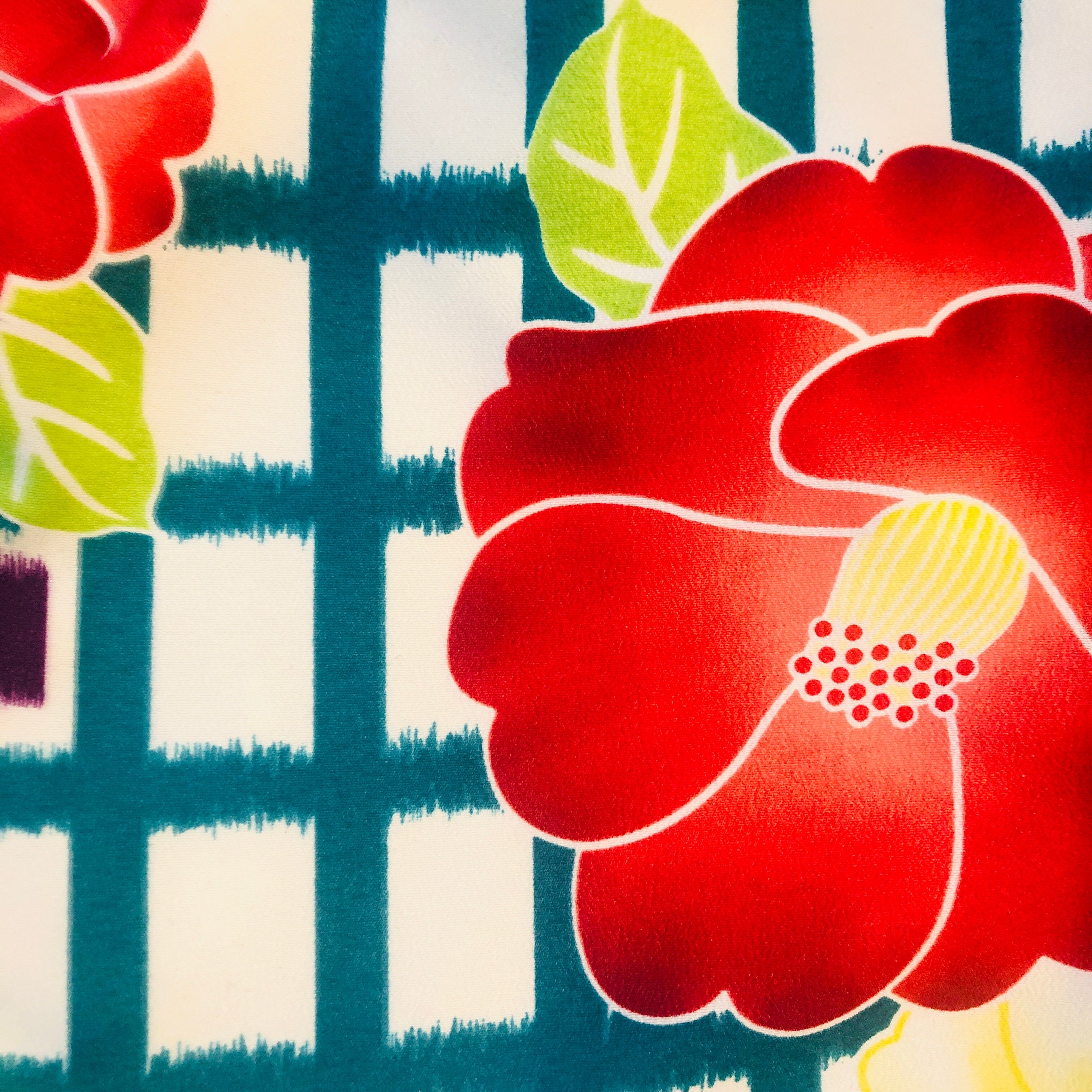 未使用品 洗える2尺袖 格子に椿 一六八堂 irohado