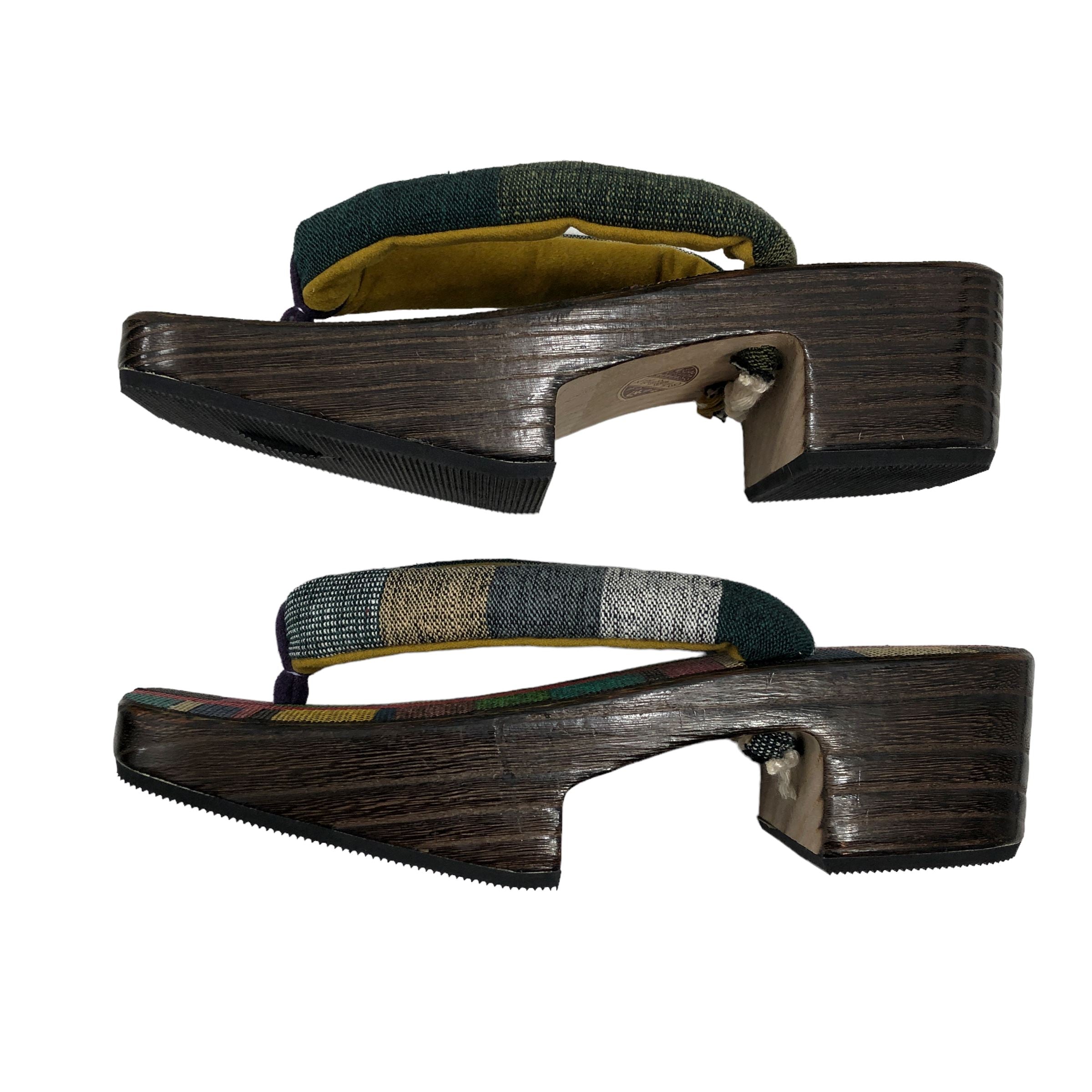 大和屋履物店 女性用下駄 サイズ大 宮部木履•一六八堂オリジナル鼻緒(遠州棉紬:綿麻 縞) 下駄 大和屋履物店