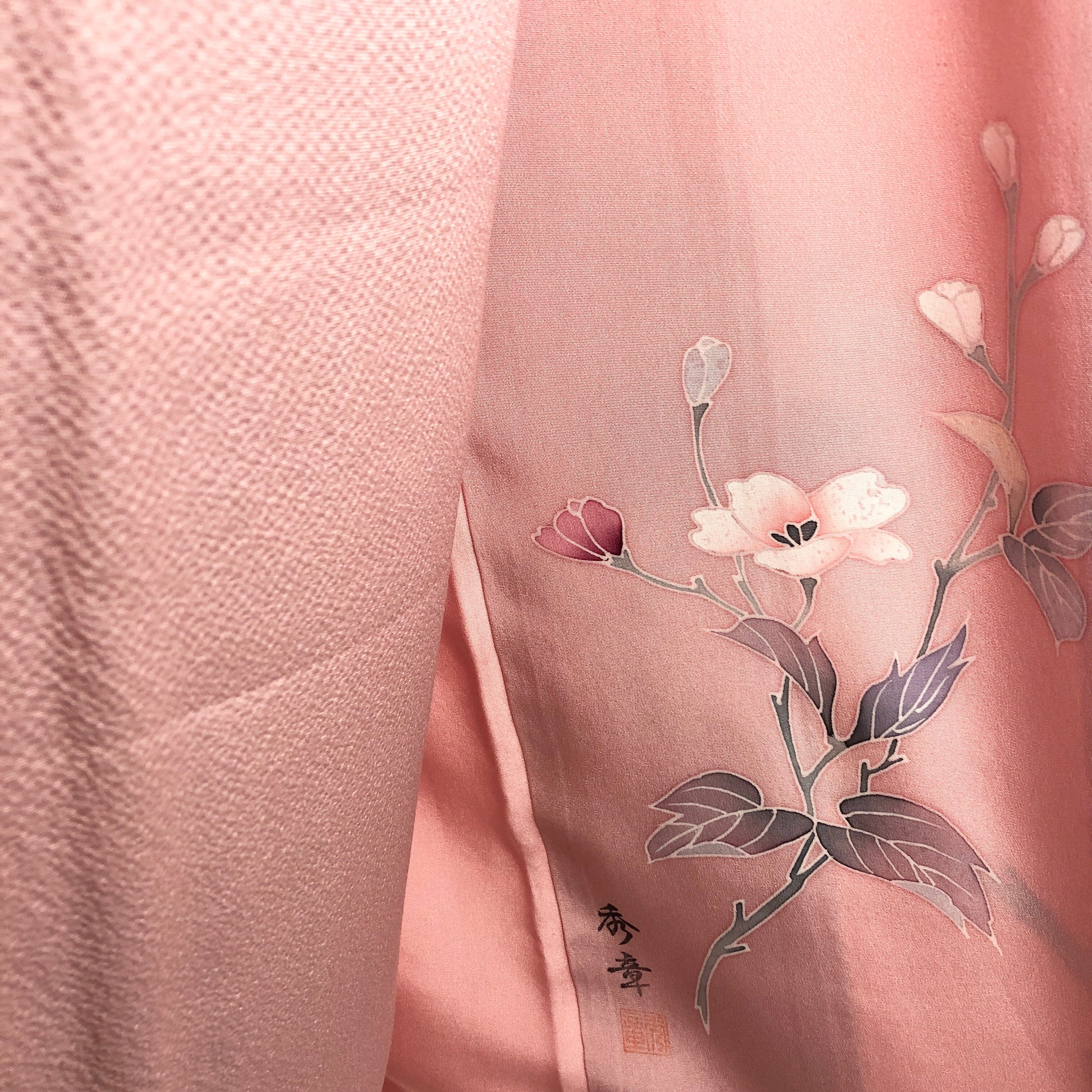 used 訪問着 縮緬 花柄 落款あり 紬 used