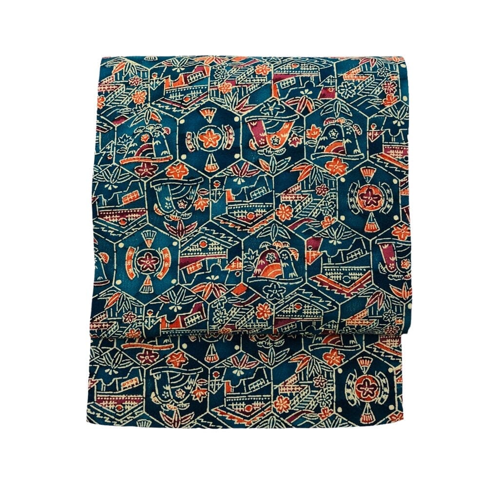 used 名古屋帯 藍色 型染 帯 used