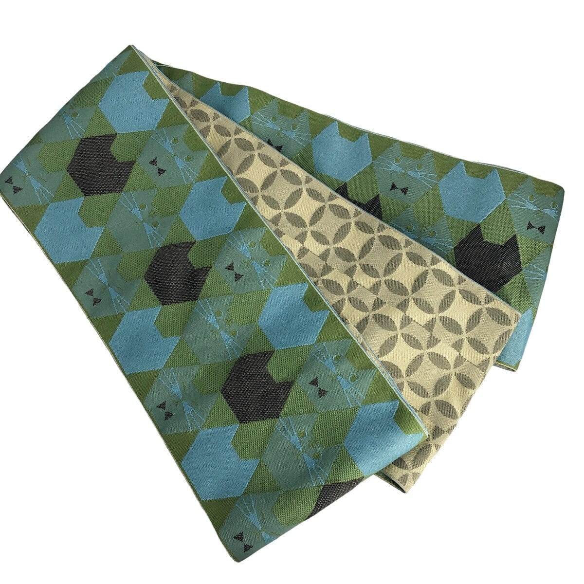 展示品 半巾帯 六角ネコ 帯 used 抹茶色×ベージュ