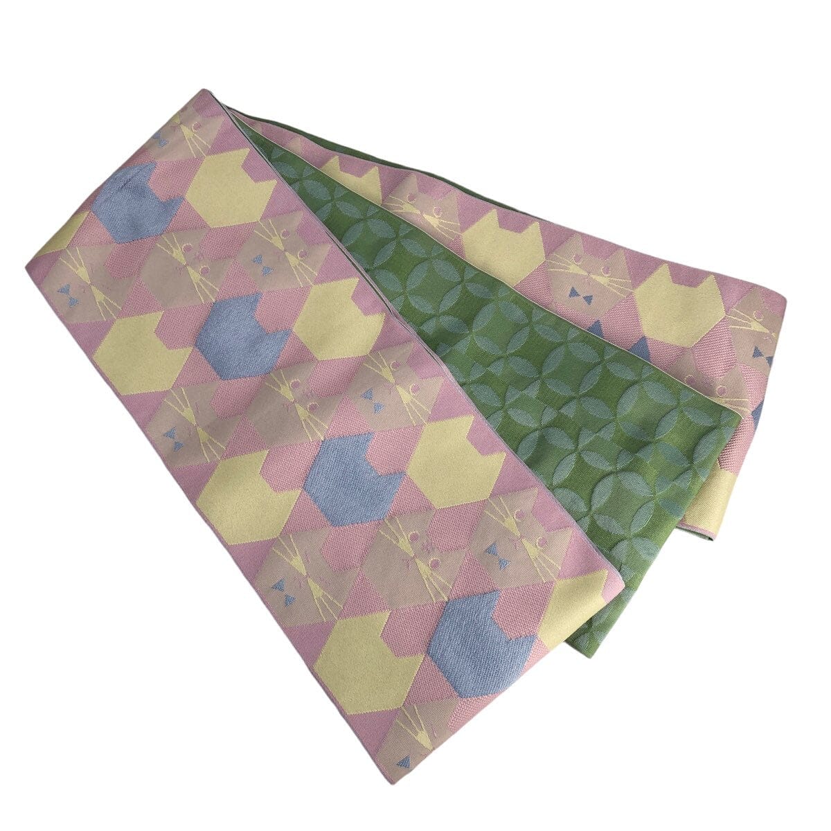 展示品 半巾帯 六角ネコ 帯 used ピンク×抹茶