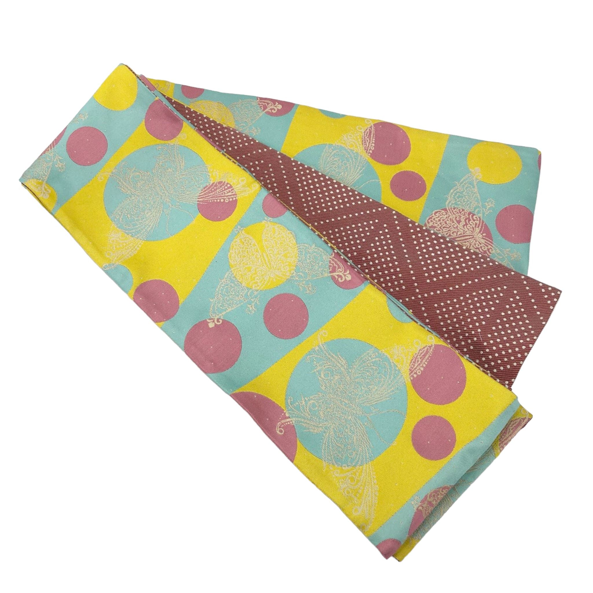 展示品半巾帯 おりびと パステルカラー水玉×蝶 品 帯 used