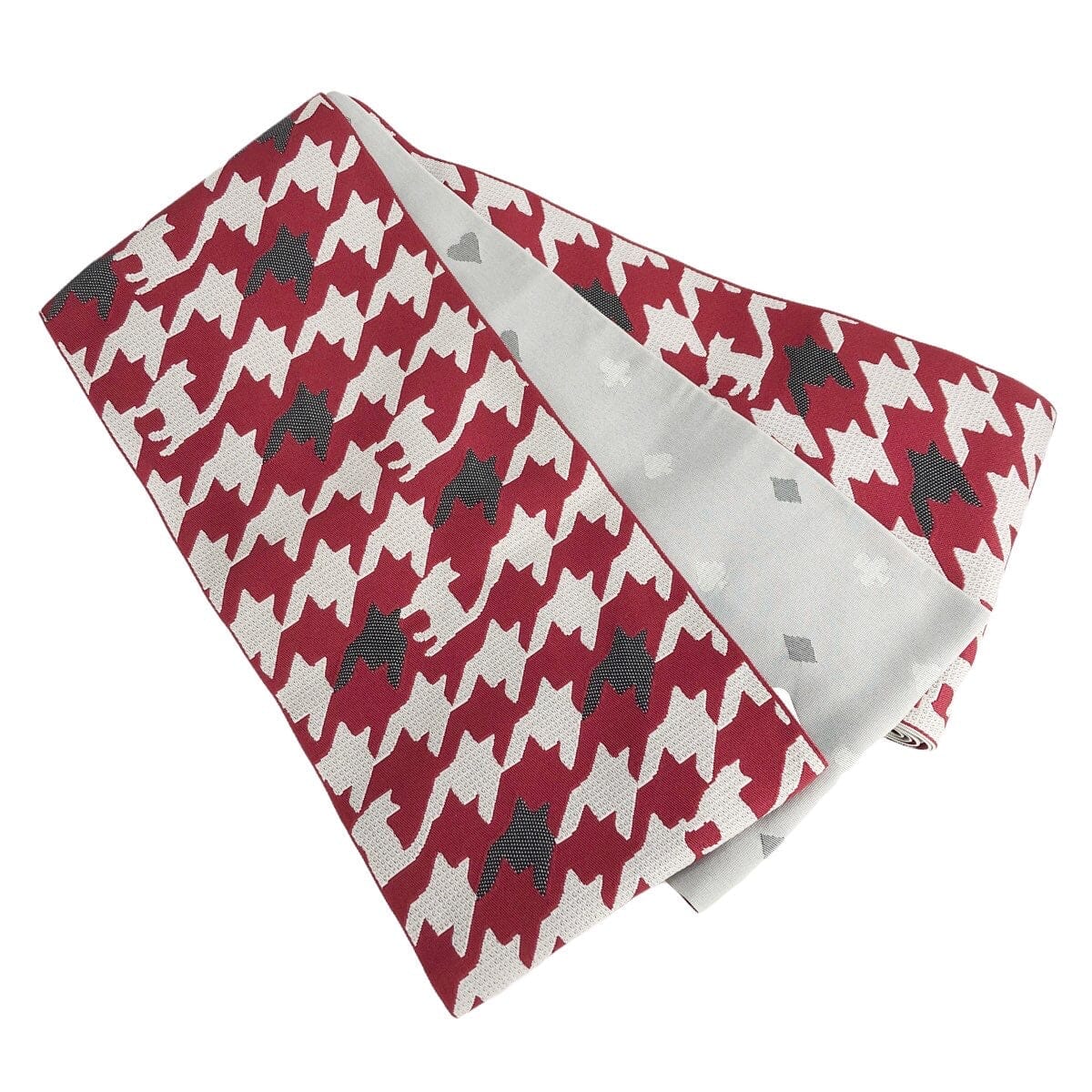 展示品 半巾帯 千鳥格子にときどき猫 帯 used 赤×グレー