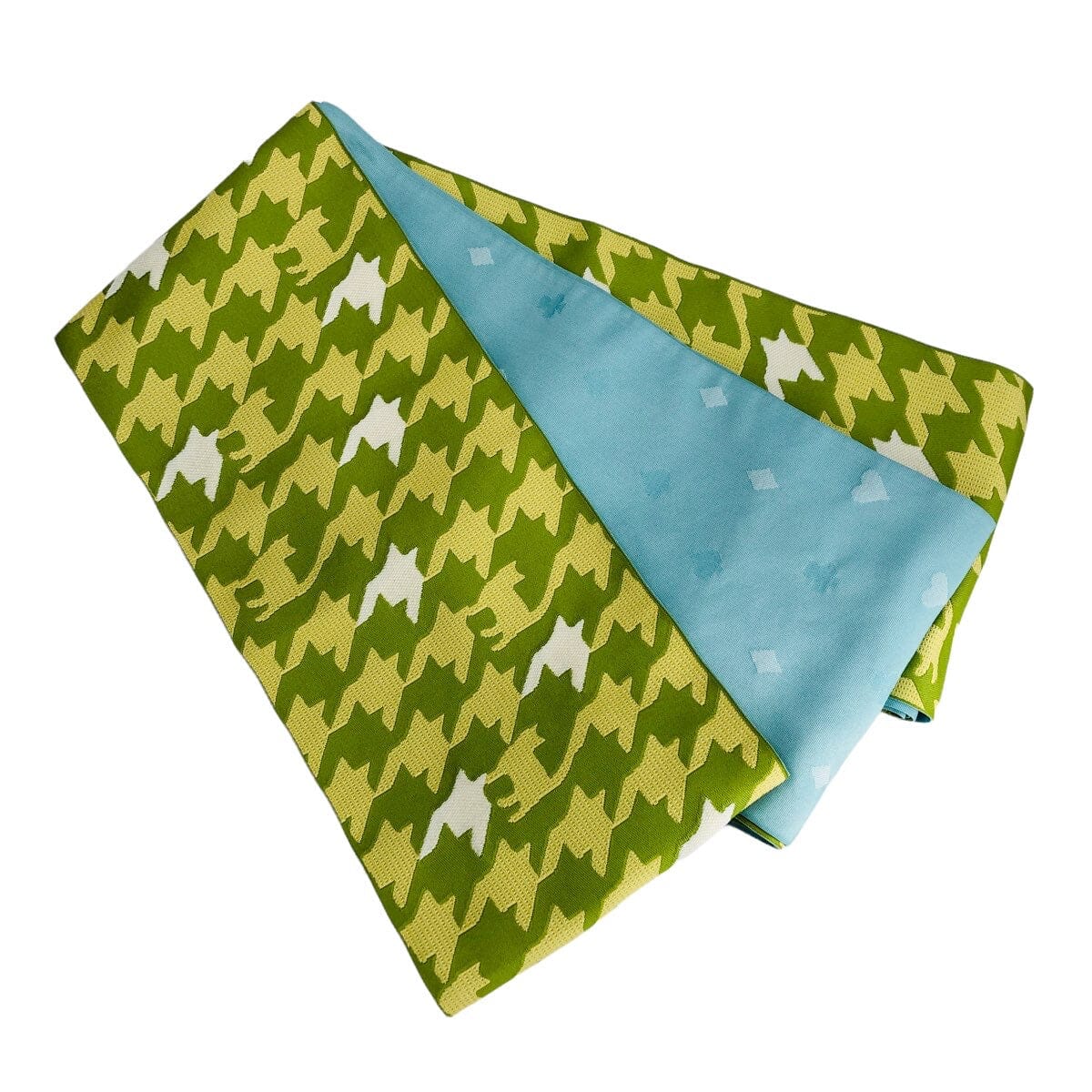 展示品 半巾帯 千鳥格子にときどき猫 帯 used 黄緑×パステルブルー