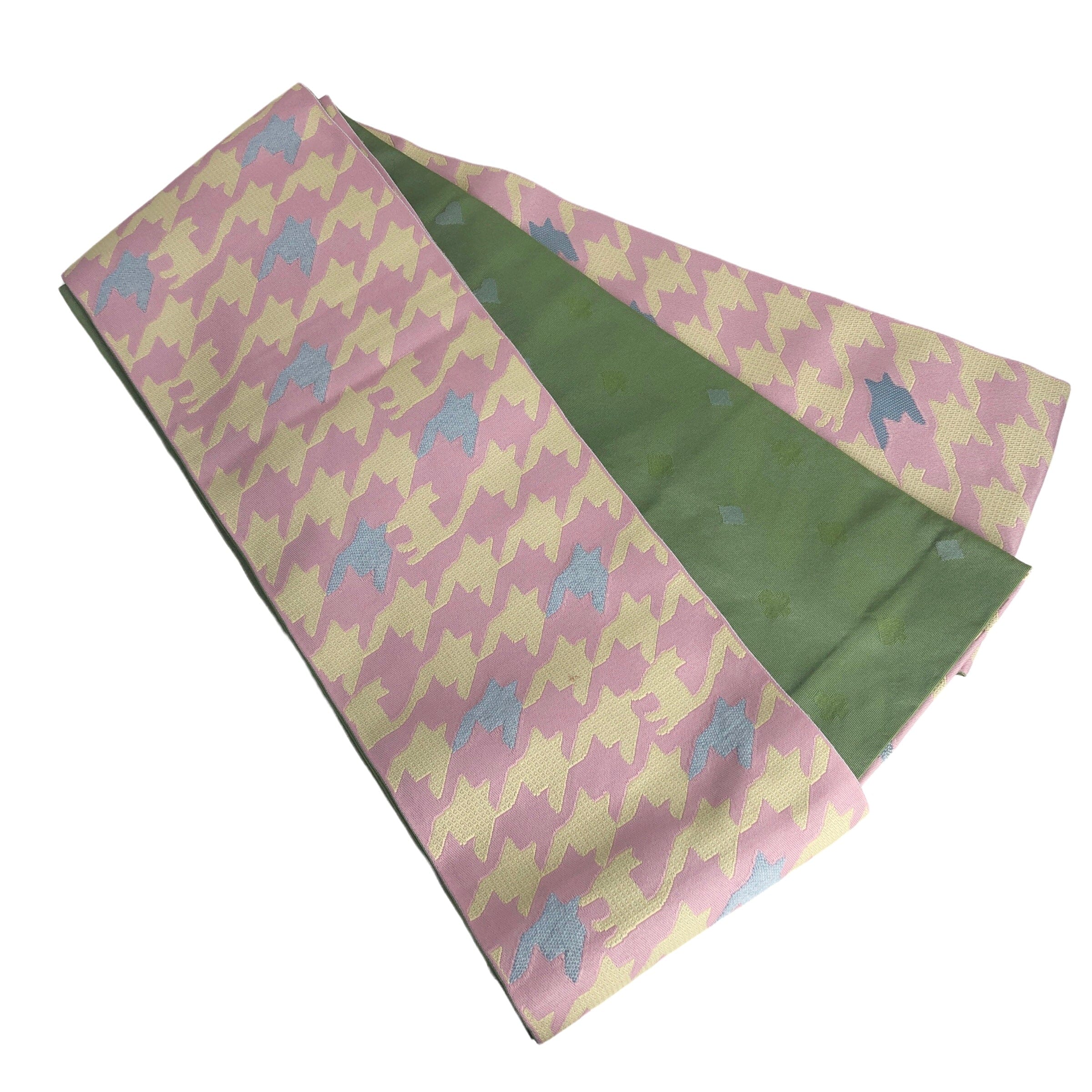 展示品 半巾帯 千鳥格子にときどき猫 帯 used ピンク×抹茶