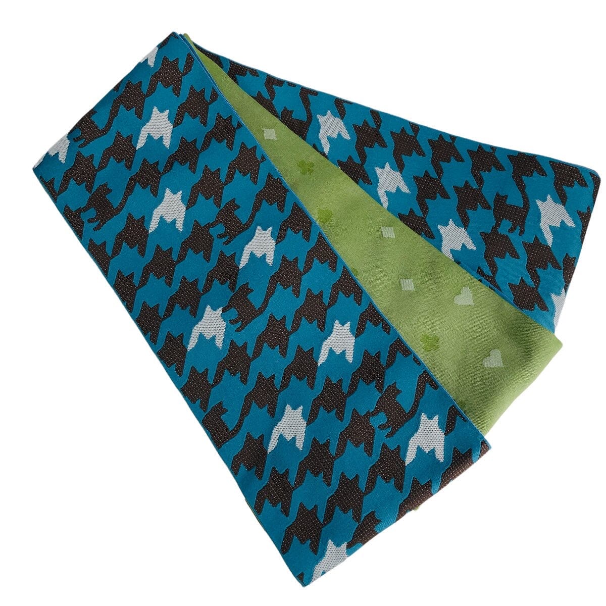 展示品 半巾帯 千鳥格子にときどき猫 帯 used 青×抹茶