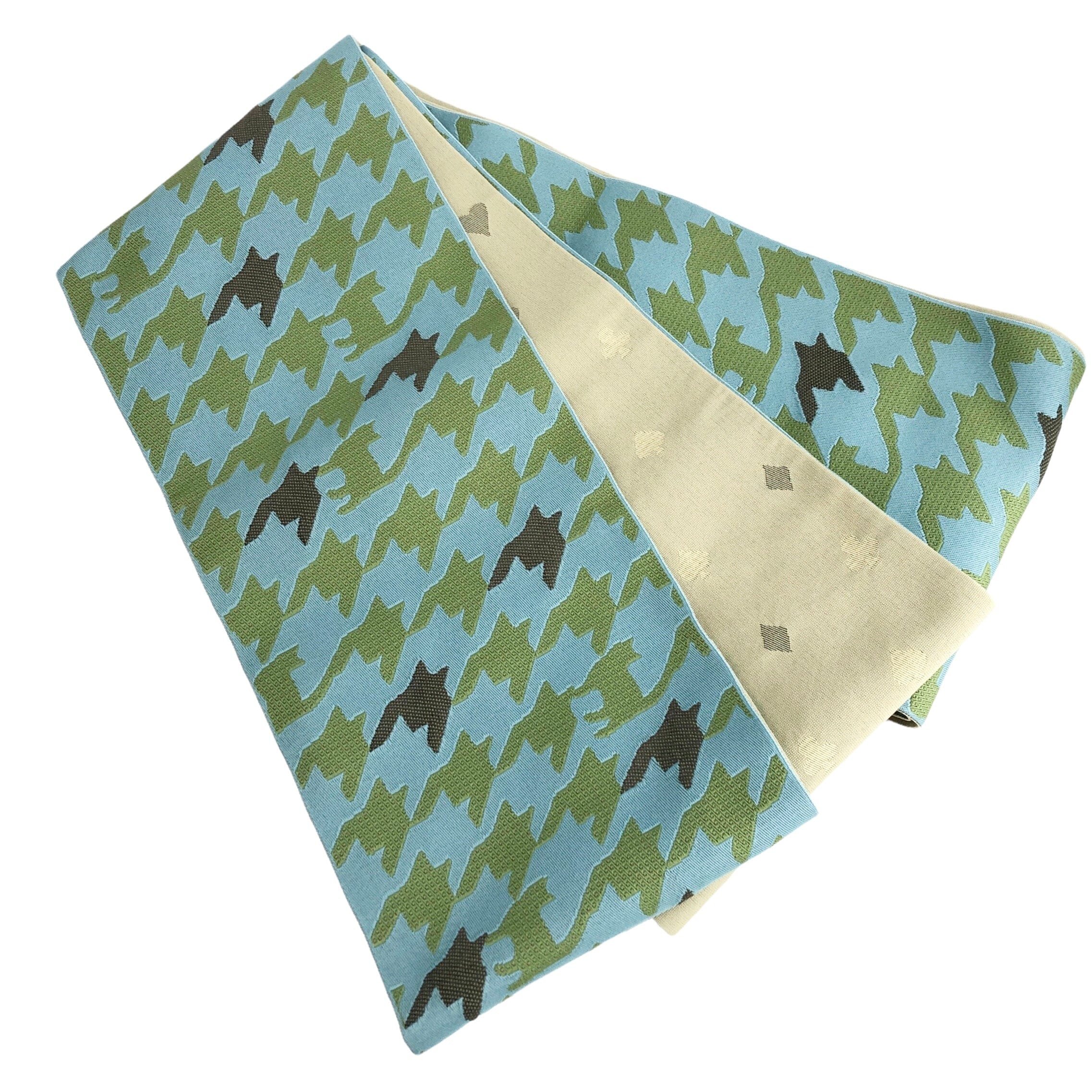 展示品 半巾帯 千鳥格子にときどき猫 帯 used 水色×ベージュ