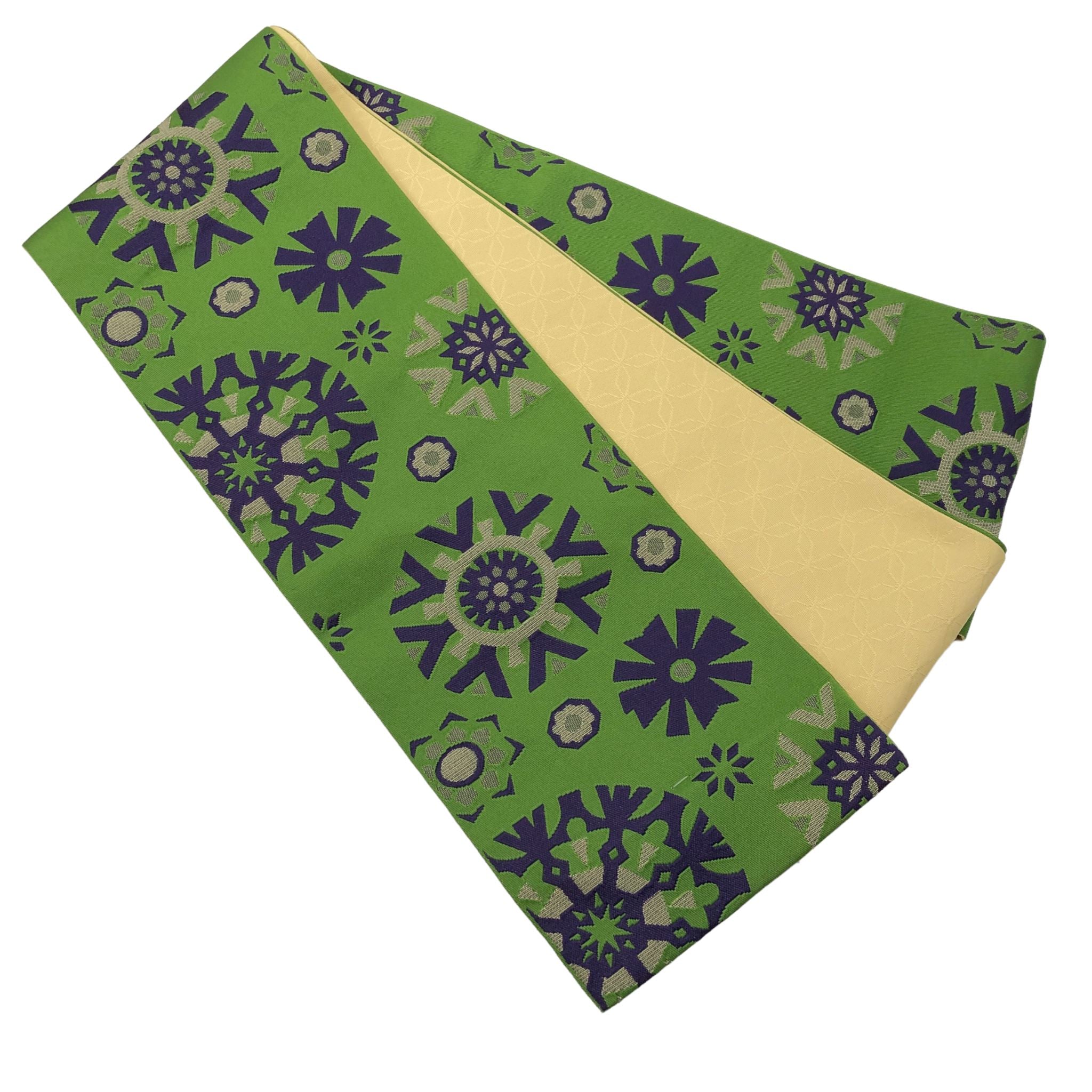 展示品 半巾帯 雪の結晶 帯 used グリーン